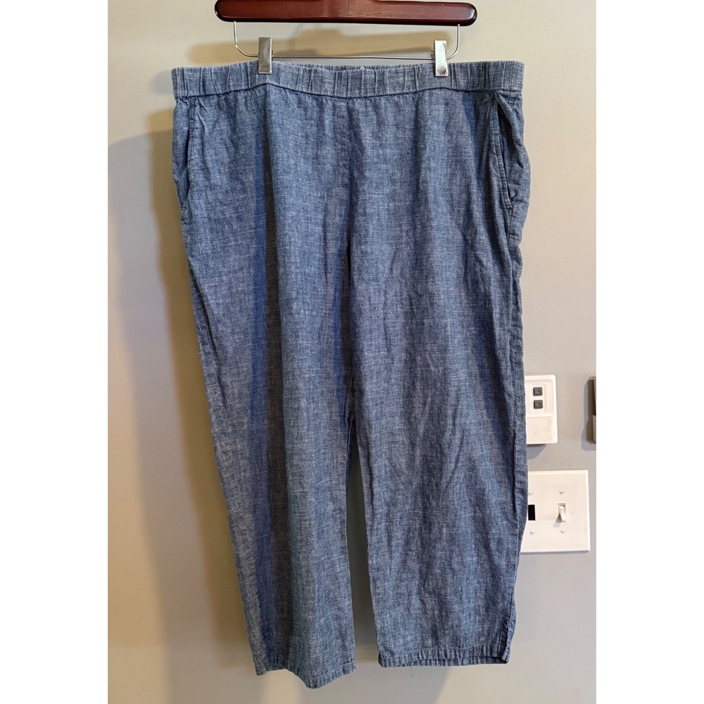 Eileen Fisher Pants Women L Blue Hemp Organic Cotton Cropped Elastic Waist 4583